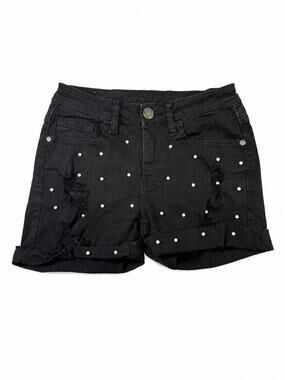 Machine Nouvelle Mode Womens 26 Black Pearl Stud Distressed Denim Shorts Y2K